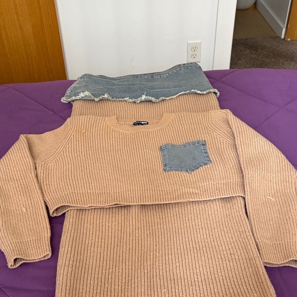 Tan Sweater with Denim Pocket